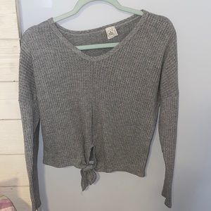 grey sweater with knot tie